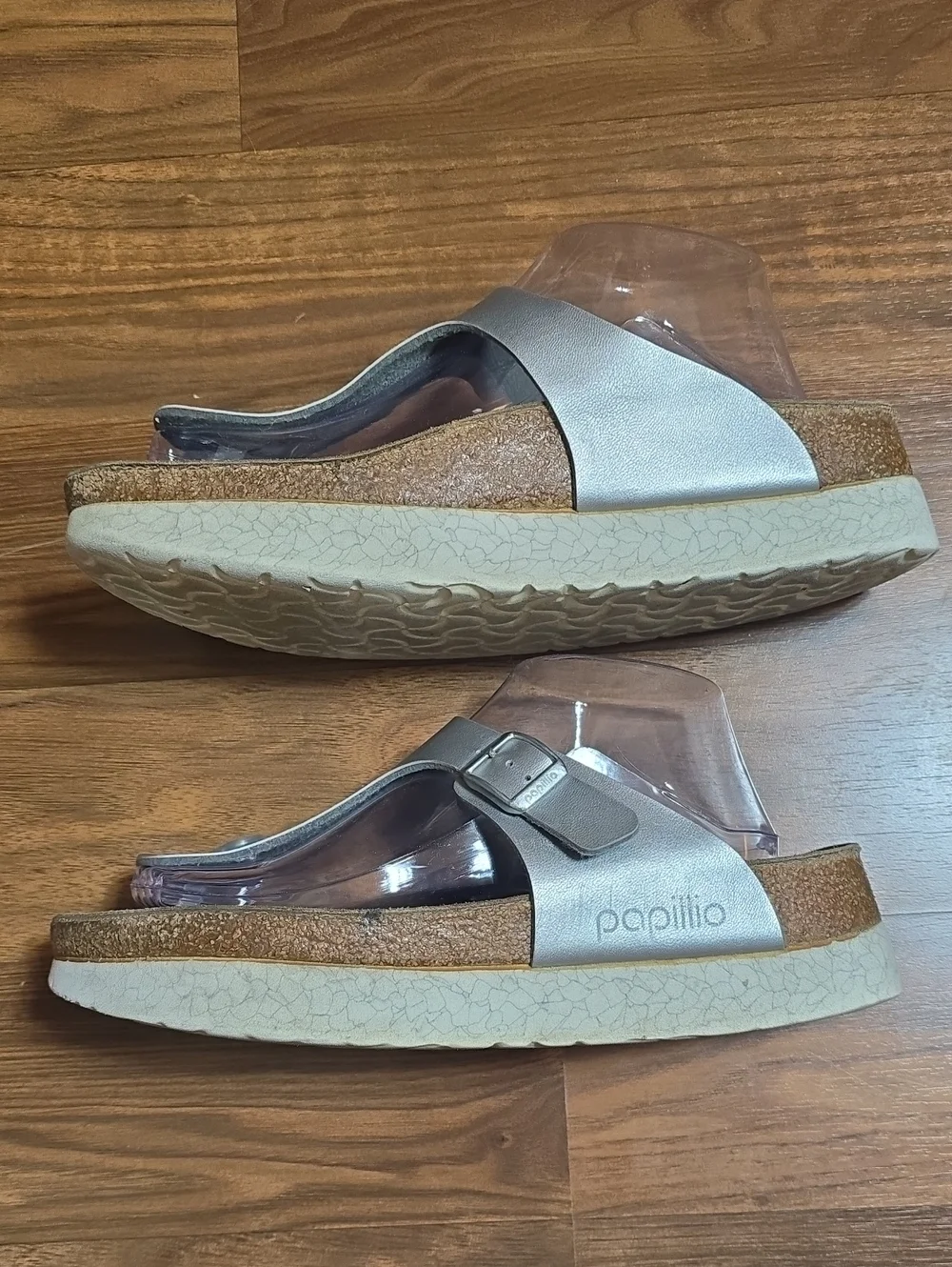 Papillio Birkenstock Gizah Silver Leather Toe-Post Platform Sandals
